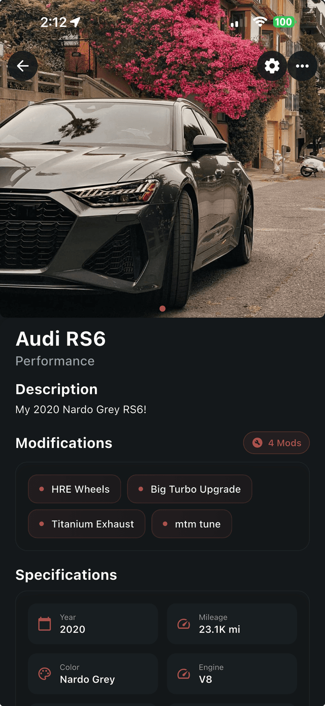 Ryvve car detail screen with photo gallery, specs, and modification log for a single vehicle