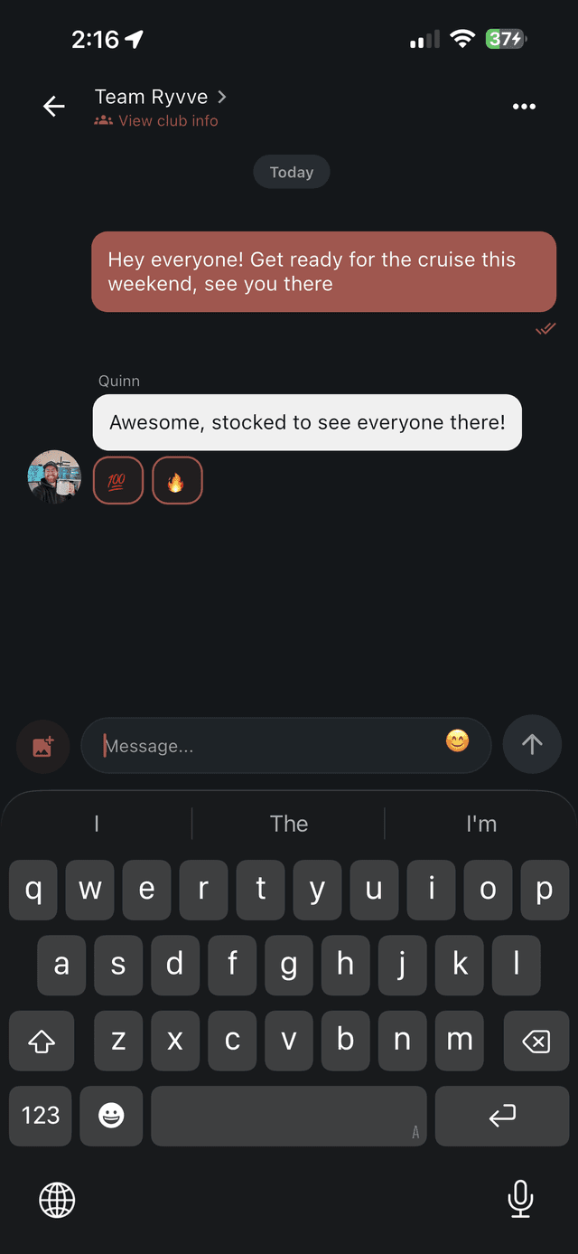 Ryvve club chat thread with messages, photo attachments, and member replies