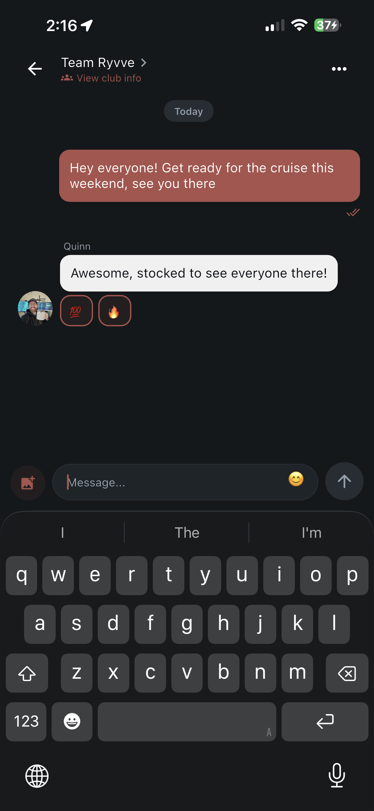 Ryvve club chat thread with messages, photo attachments, and member replies
