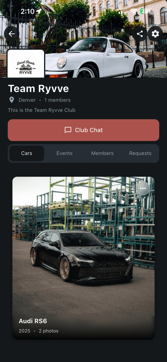 Ryvve car club detail screen showing club members, upcoming meets, and club discussion