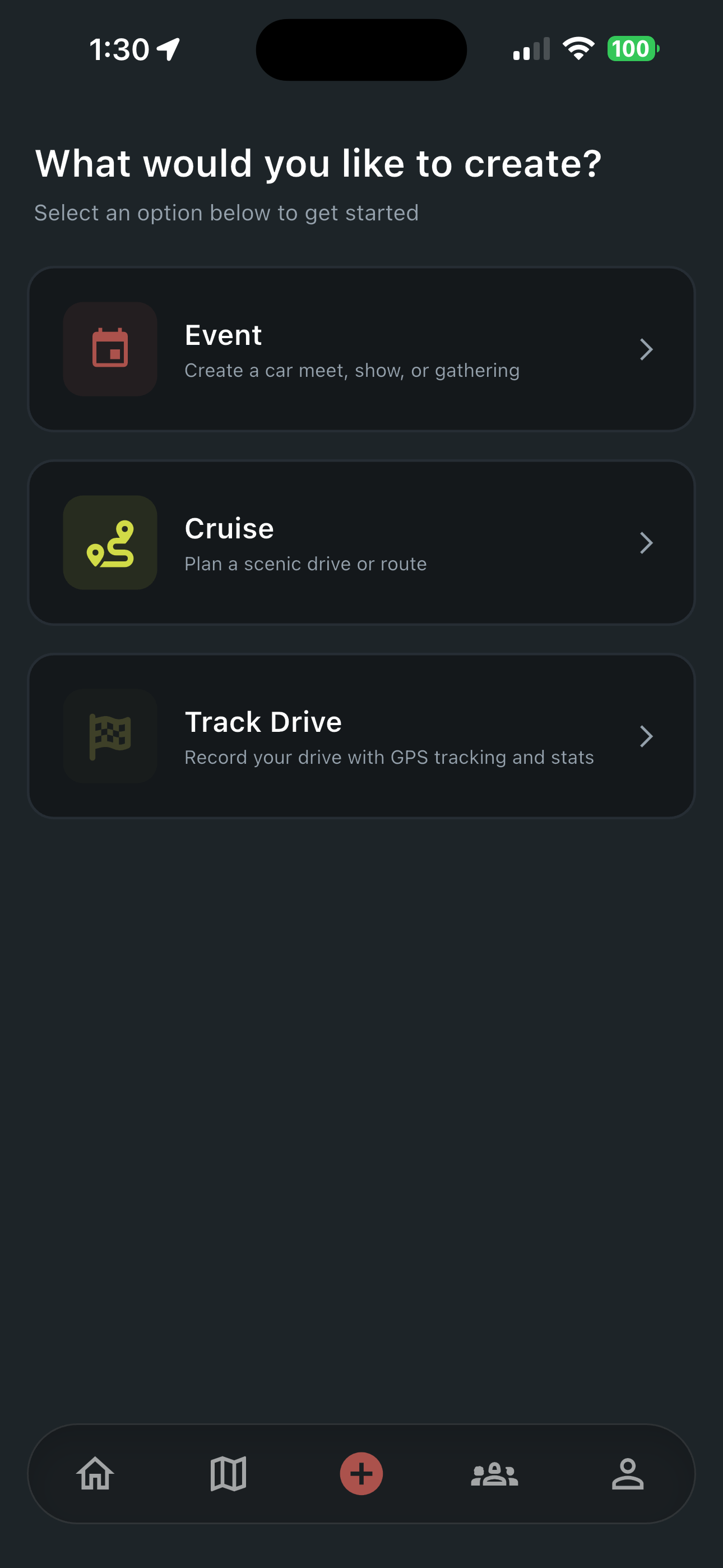 Ryvve create-event screen with fields for title, location, date, and event type