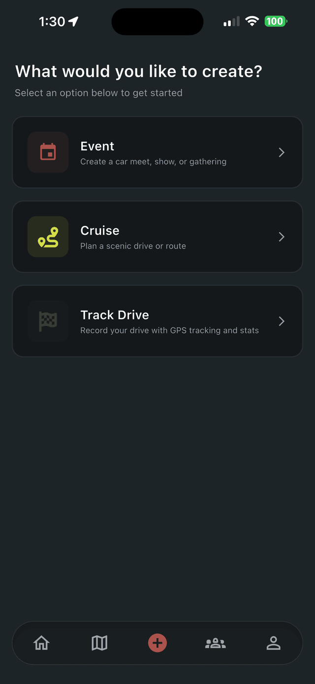 Ryvve create-event screen with fields for title, location, date, and event type