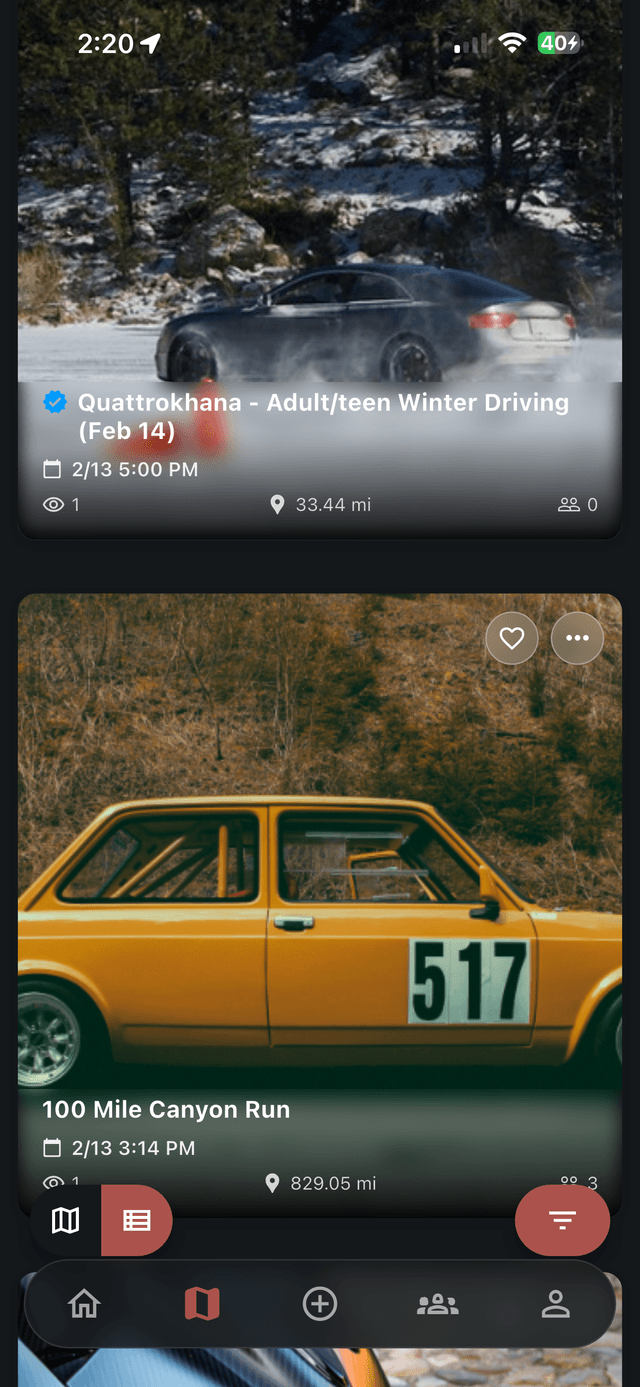 Ryvve event discovery feed listing upcoming car meets with dates, venues, and RSVP counts