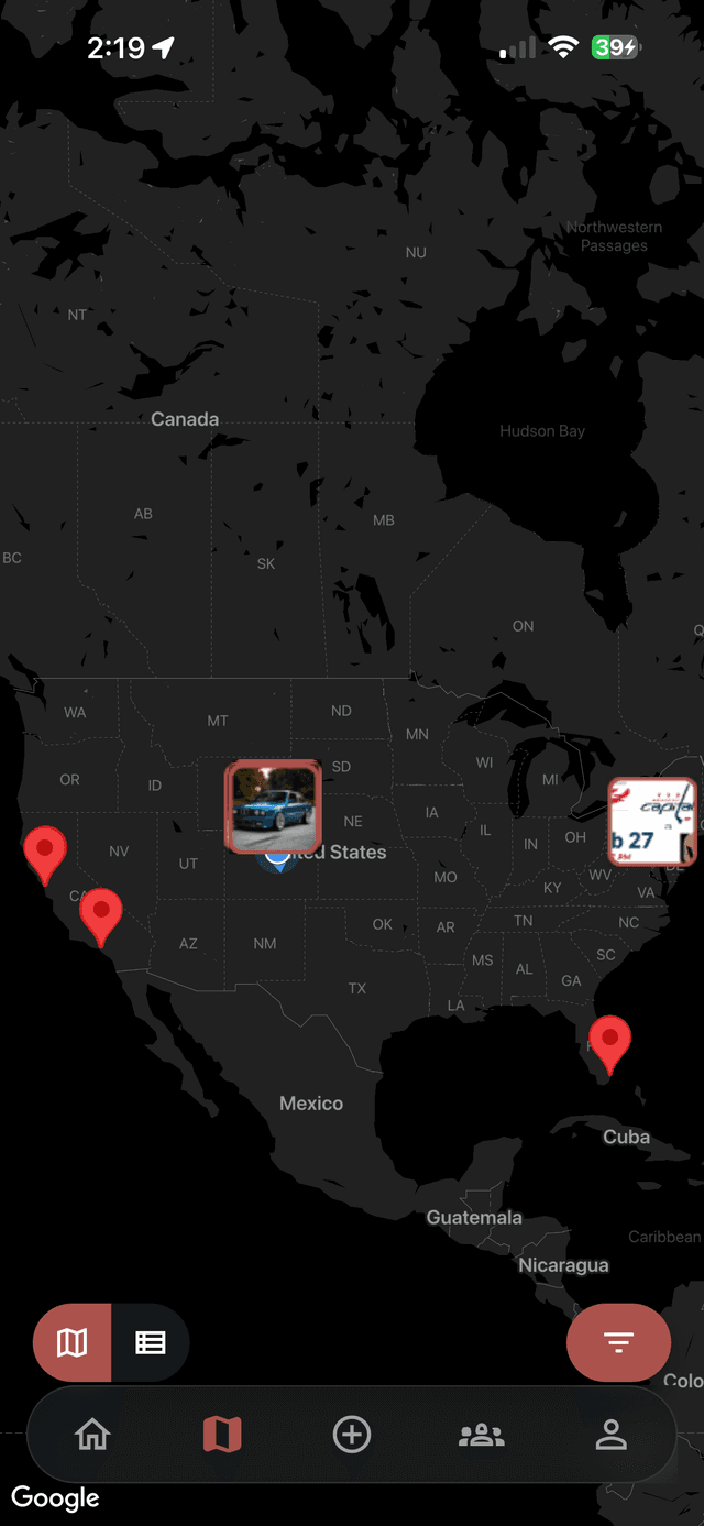 Ryvve map view showing nearby car meets and Cars and Coffee events as pins across a city